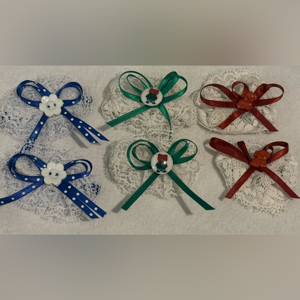1980’s Goody Stay Tight Handmade Kids Lace Bow Green Ribbon Bear Button 3 Sets